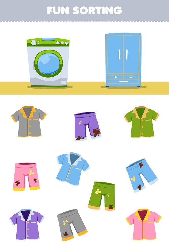 Education game for children fun sorting clean or dirty pajama wearable clothes to washing machine or cupboard printable worksheet vector