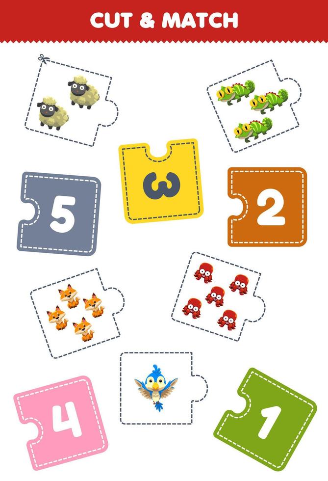 Education game for children cut piece of puzzle and match by number of cute cartoon bird sheep iguana fox octopus printable worksheet vector