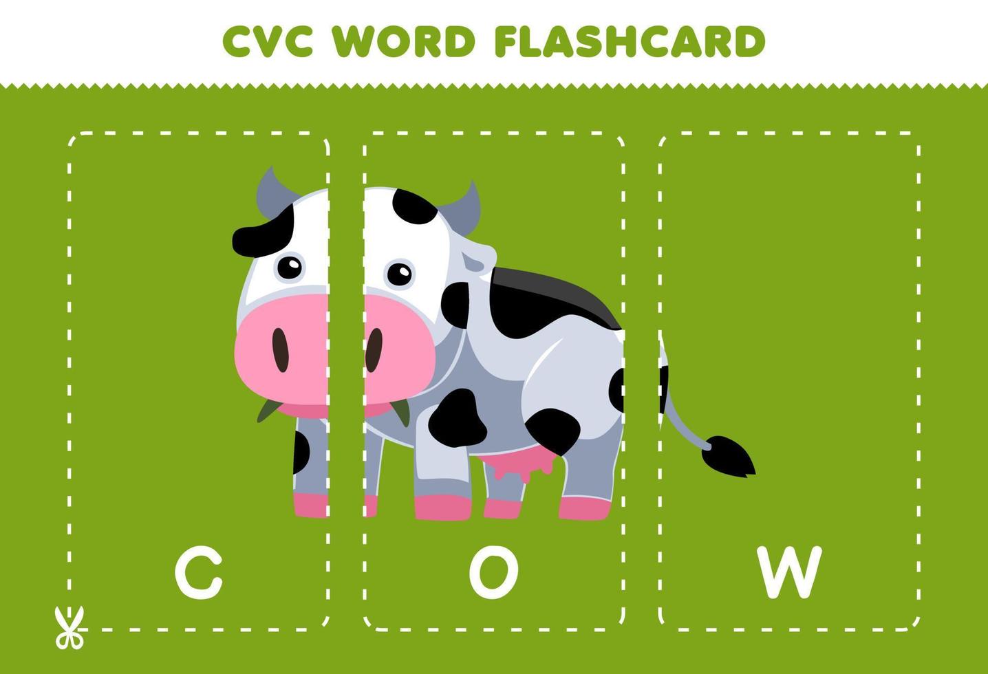 Education game for children learning consonant vowel consonant word with cute cartoon COW animal illustration printable flashcard vector