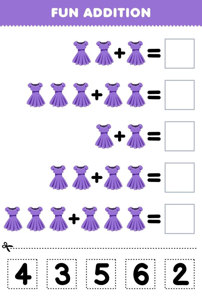 Education game for children fun addition by cut and match correct number for cartoon wearable clothes purple dress printable worksheet vector