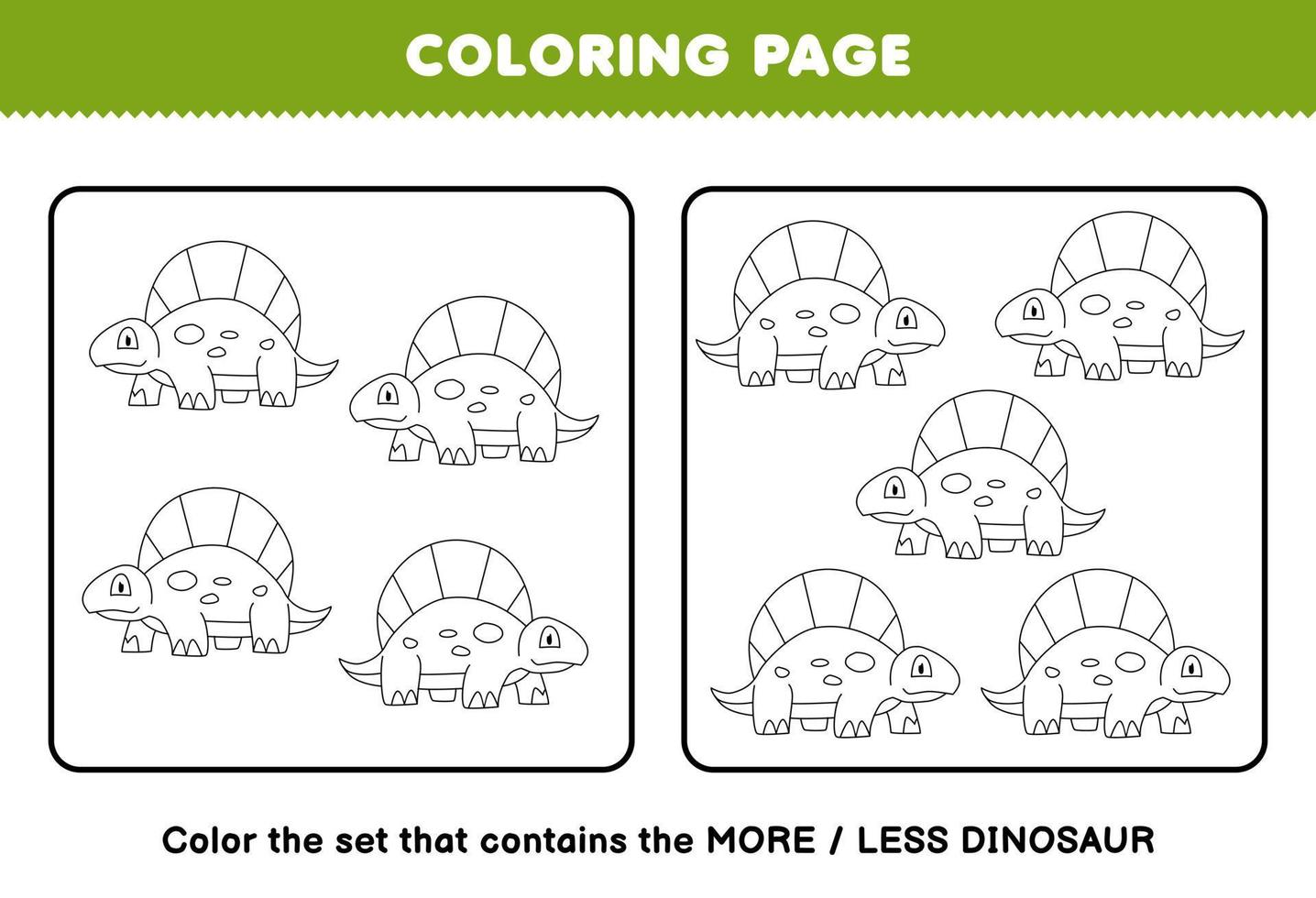 Education game for children coloring page more or less picture of cute cartoon prehistoric dinosaur dimetrodon line art set printable worksheet vector