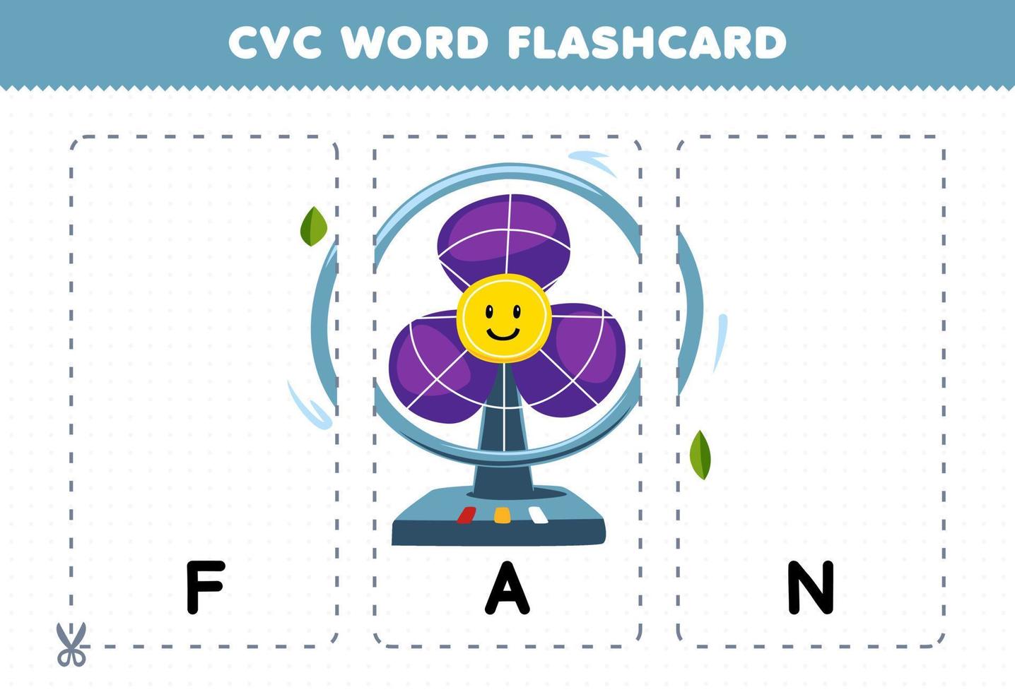 Education game for children learning consonant vowel consonant word with cute cartoon FAN illustration printable flashcard vector