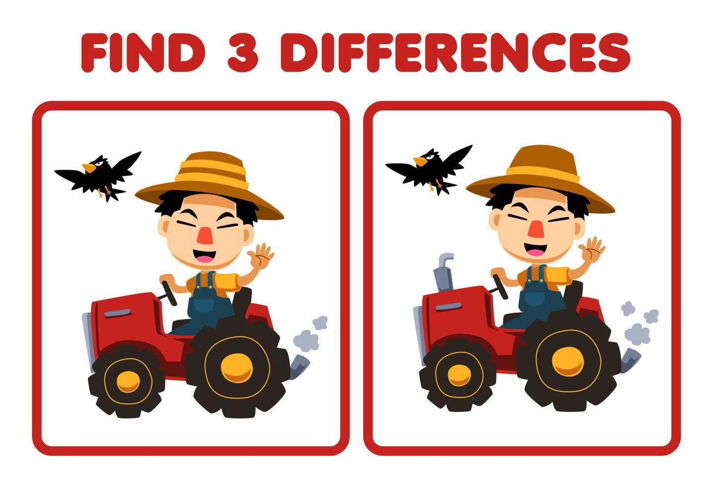 juego educativo para niños encuentra tres diferencias entre dos lindos dibujos animados granjero conduciendo tractor granja hoja de trabajo imprimible vector