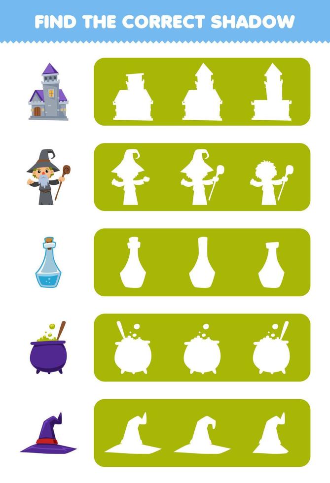 Education game for children find the correct shadow silhouette of cute cartoon castle wizard potion bottle cauldron hat halloween printable worksheet vector