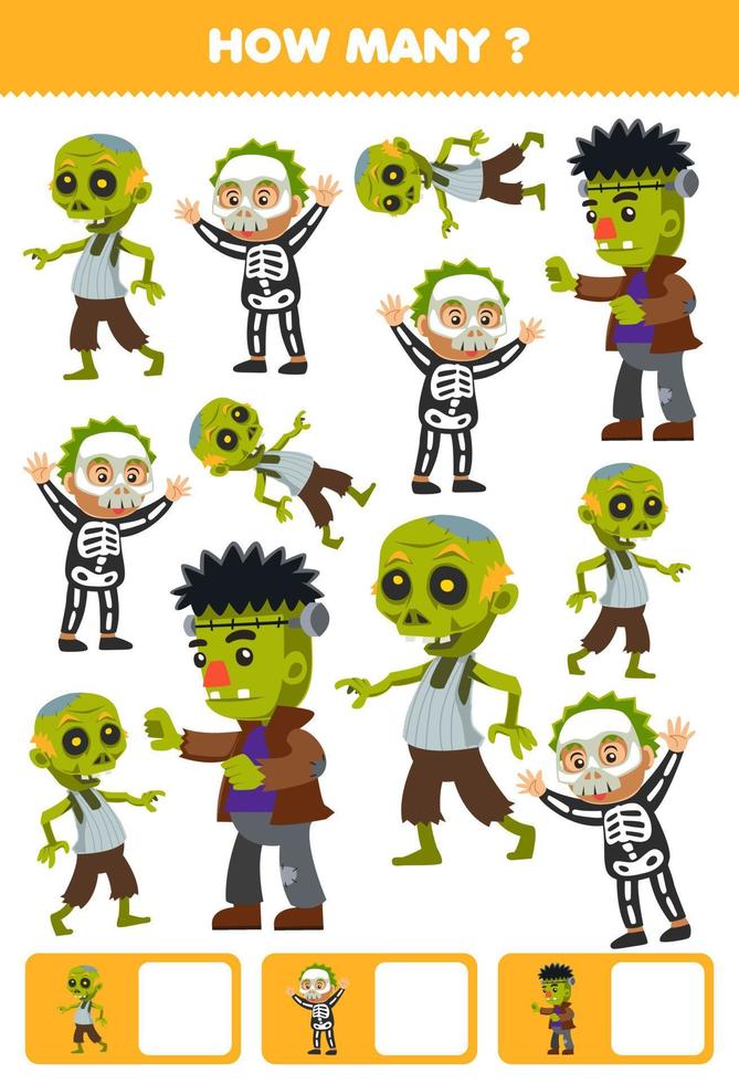 juego educativo para niños buscando y contando cuántos objetos de dibujos animados lindo zombie esqueleto frankenstein disfraz halloween hoja de trabajo imprimible vector