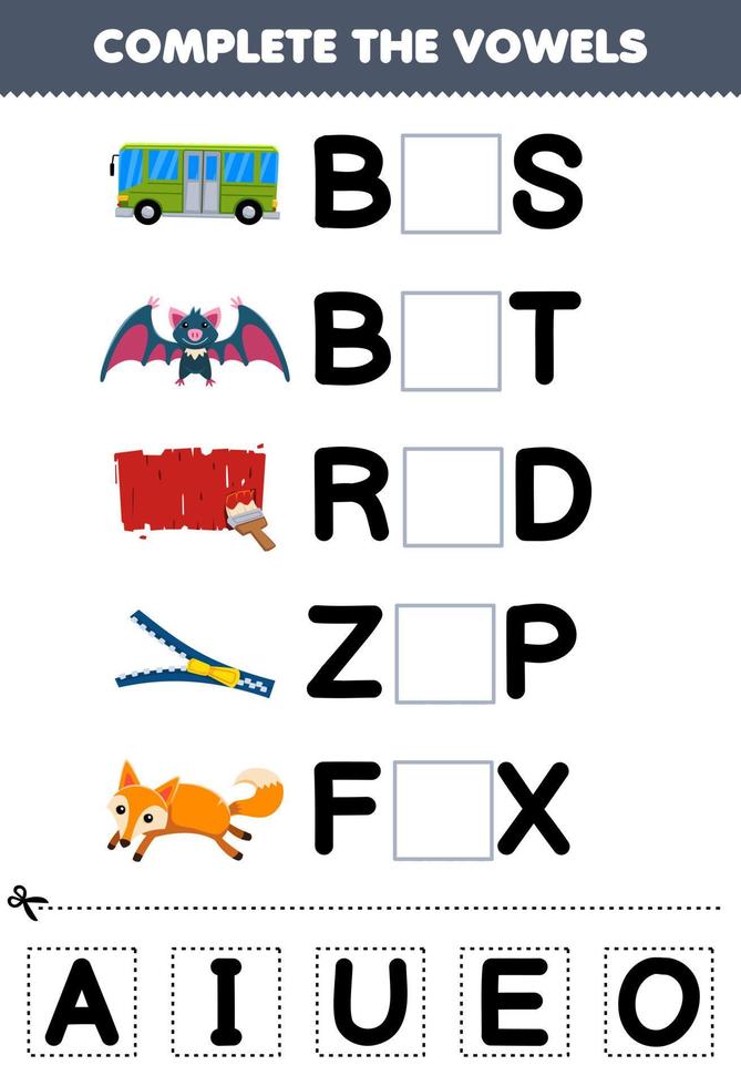 Education game for children complete the vowels of cute cartoon bus bat red zip fox illustration printable worksheet vector