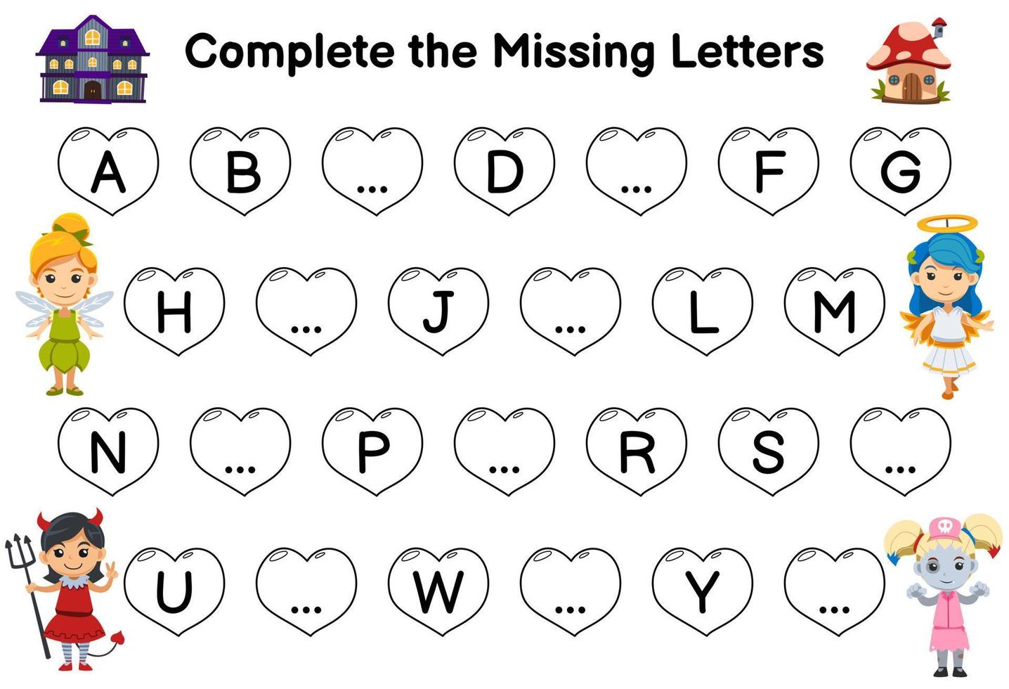Education game for complete the missing letters with cute cartoon spooky house fairy zombie angel devil girl costume picture halloween printable worksheet vector