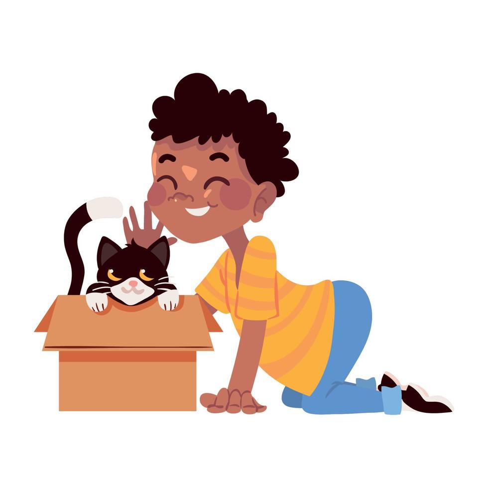 boy with cat in the box vector