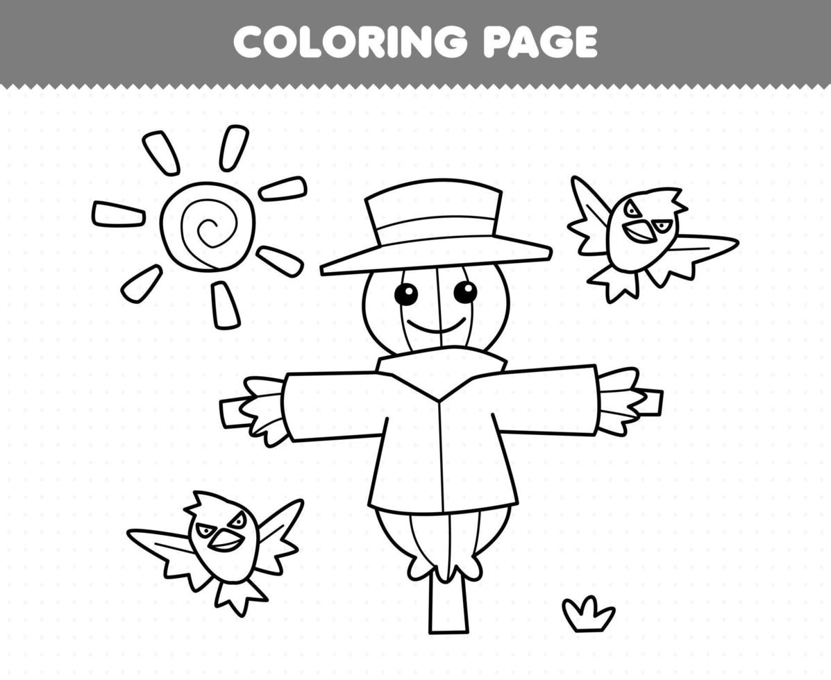 Education game for children coloring page of cute cartoon scarecrow and sun line art printable farm worksheet vector