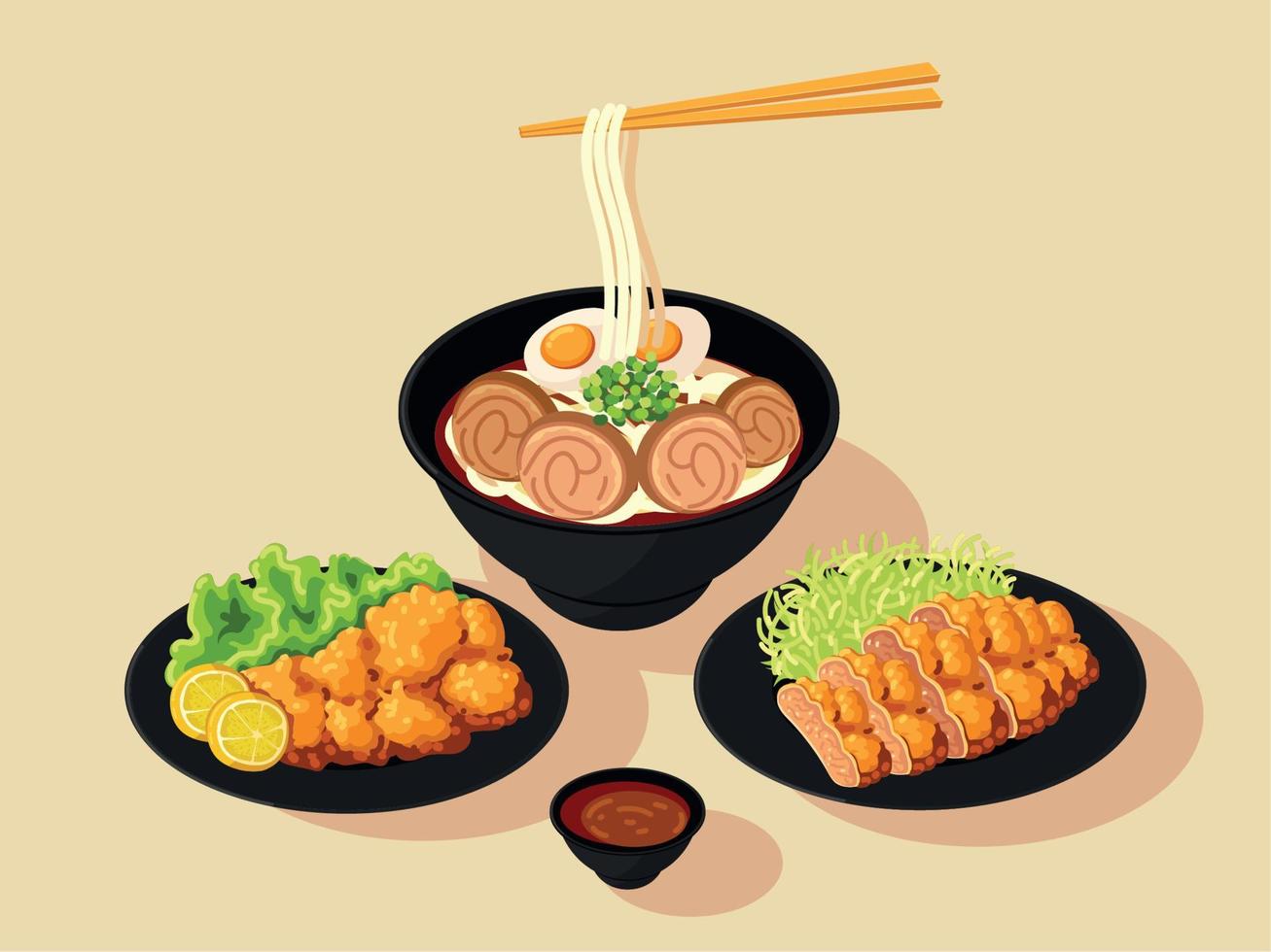 japanese food served on black dishes vector