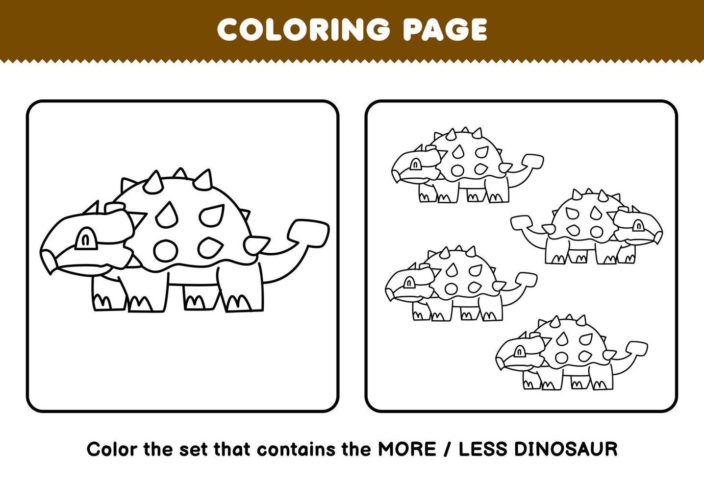 juego educativo para niños página para colorear más o menos imagen de dibujos animados lindo dinosaurio prehistórico anquilosaurio juego de arte lineal hoja de trabajo imprimible vector