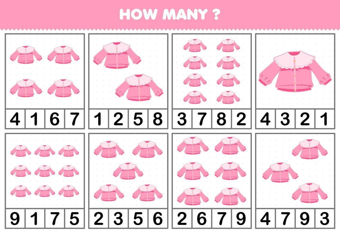 Education game for children counting how many objects in each table of cartoon wearable clothes pink blouse printable worksheet vector