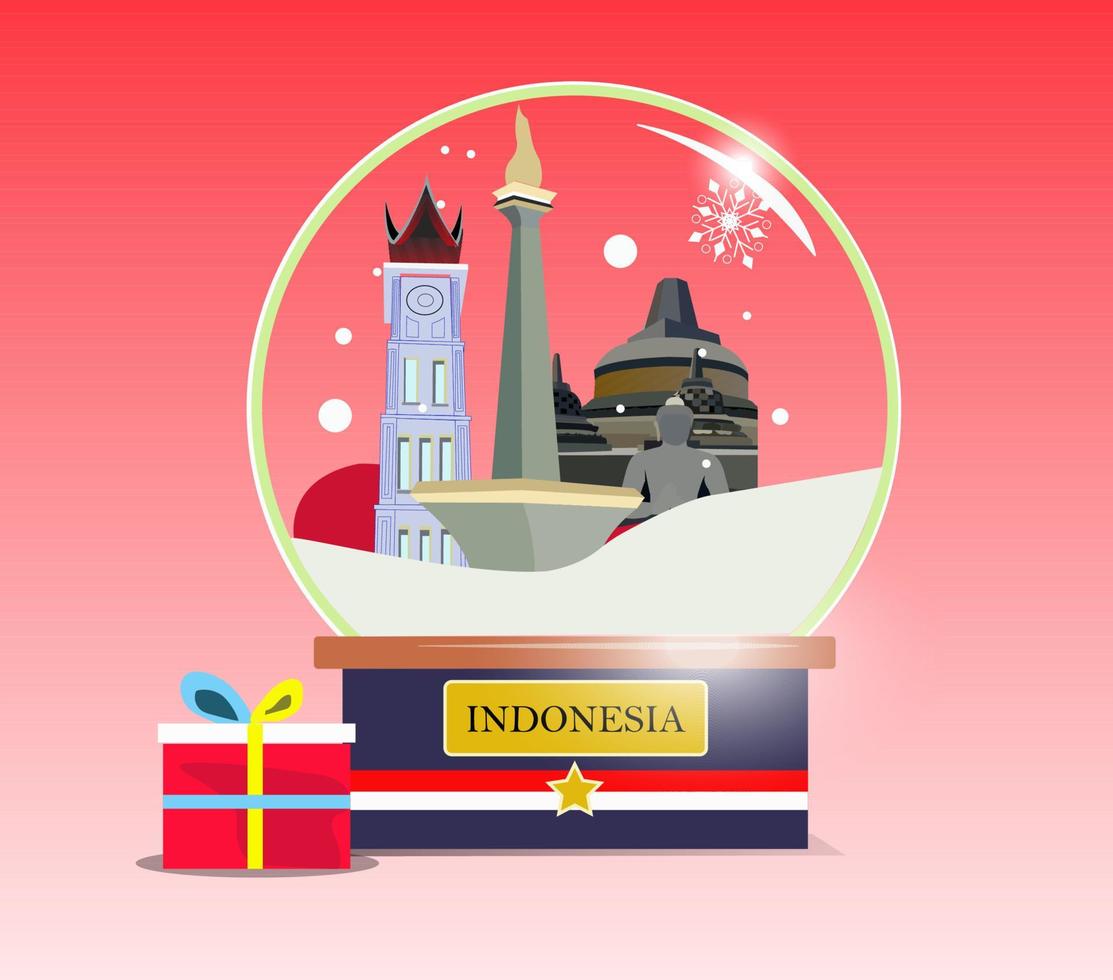 snow globe, illustration and vector,  Indonesia, plus the country's iconic symbols, is so beautiful vector