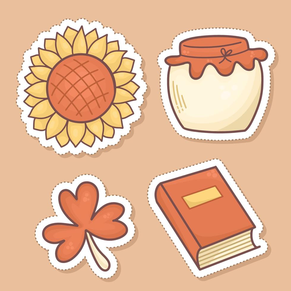 Set of cozy autumn stickers, sunflower, honey, leaves, book vector
