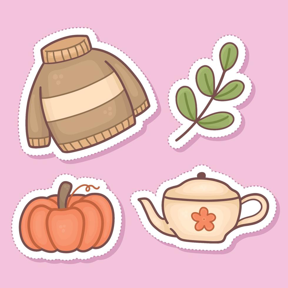conjunto de pegatinas de elementos de imágenes prediseñadas de otoño, sudaderas con capucha, hojas, calabaza, tetera vector