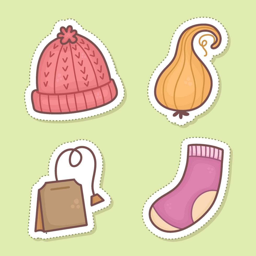 conjunto de pegatinas de otoño clipart sombrero, calcetines, bolsita de té, calabaza vector