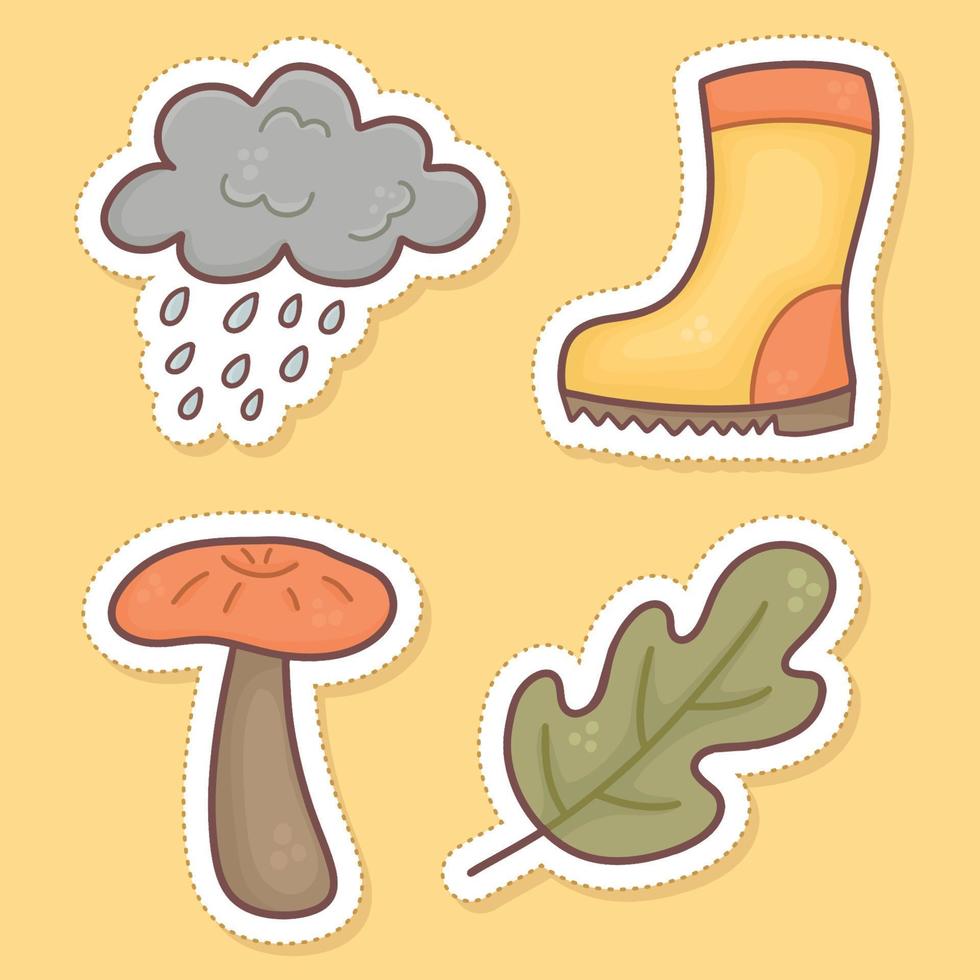 conjunto de pegatinas de ilustración de otoño, nube, calcetines, champiñones, hojas vector