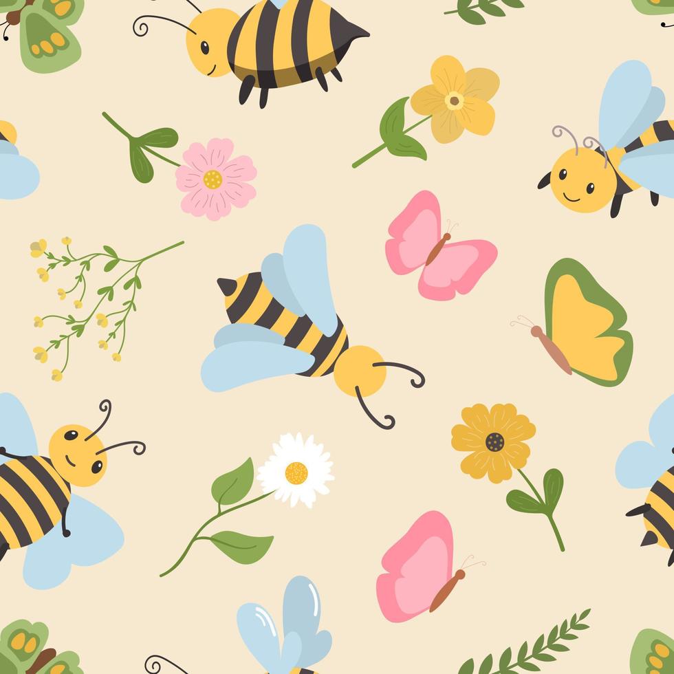 Cartoon bees, butterflies with colorful flowers seamles pattern on pastel background. Design for kids textile, wallpaper, backdrop. vector