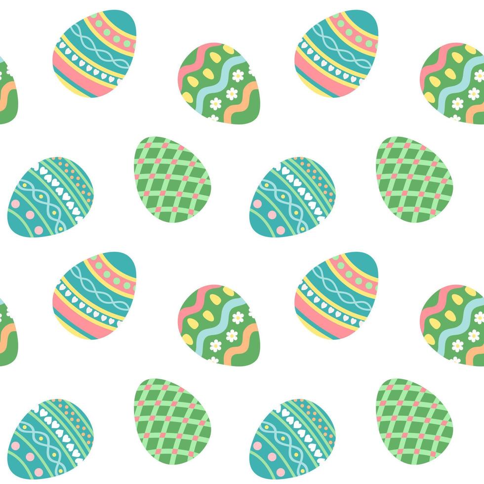 Easter eggs with colorful ornaments. Vector seamless pattern. Isolated on white background. Festive design for fabric, scrapbooking, wrapping, wallpaper.