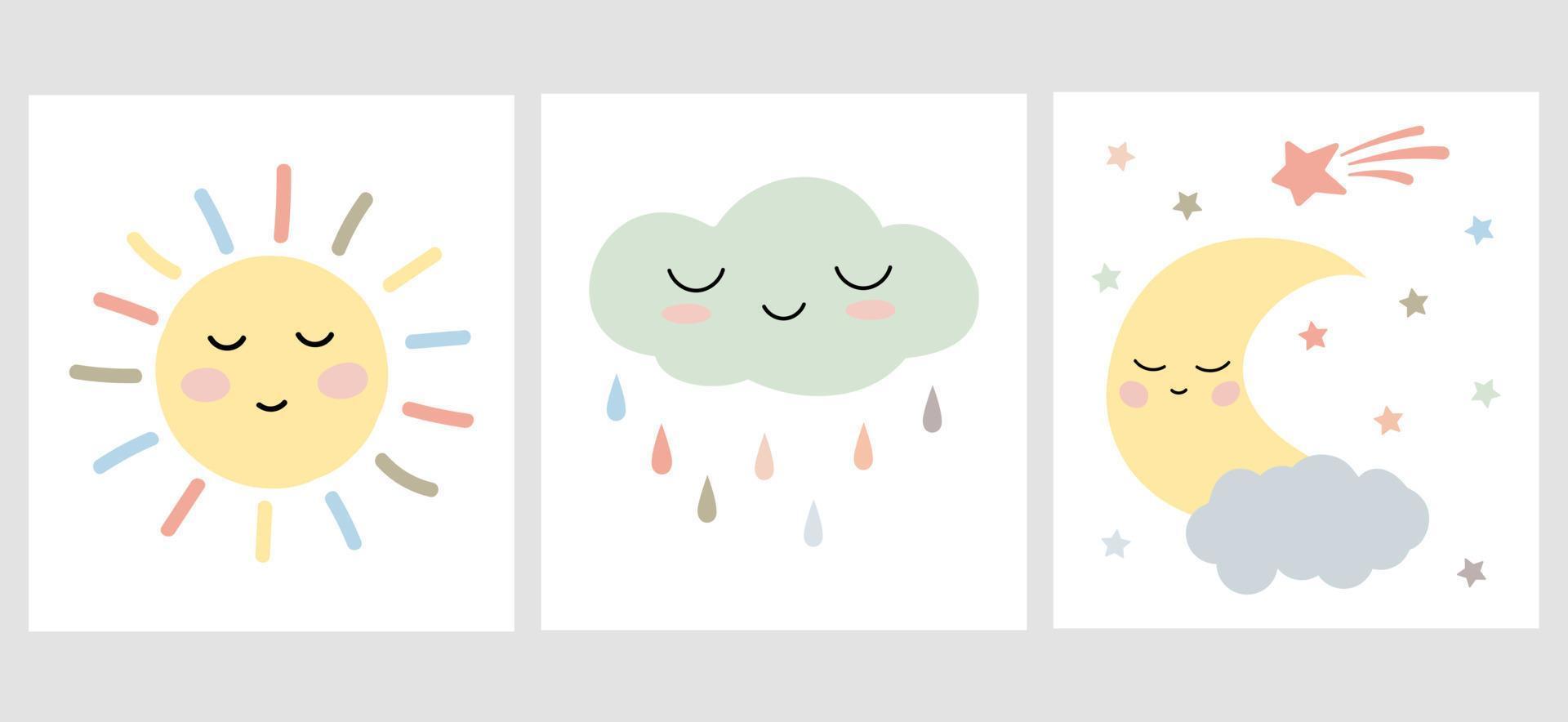 Set of cute sun, cloud, and moon cards or posters in soft pastel colors. Vector illustration. Perfect for baby shower, wall art, print, invitation, room decoration.