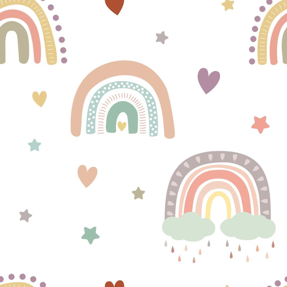 patrón de arco iris pastel con coluds, lluvia, corazones, estrellas. aislado sobre fondo blanco. fondo de bebé bohemio. arte de la pared del cuarto de niños papel imprimible textil para bebés. vector