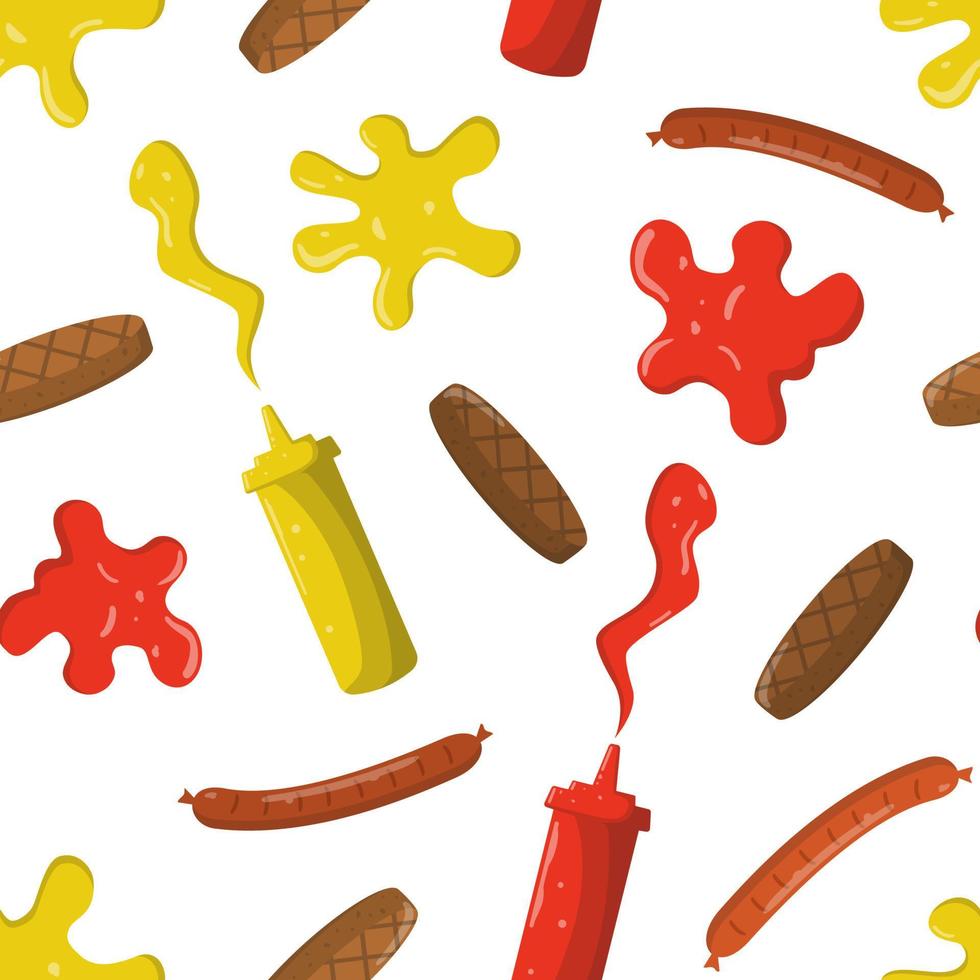 Cartoon sausages, burger patties, mustard and ketchup in plastic bottles seamless pattern. Isolated on a white background. Design for wrapping, wallpapers. vector