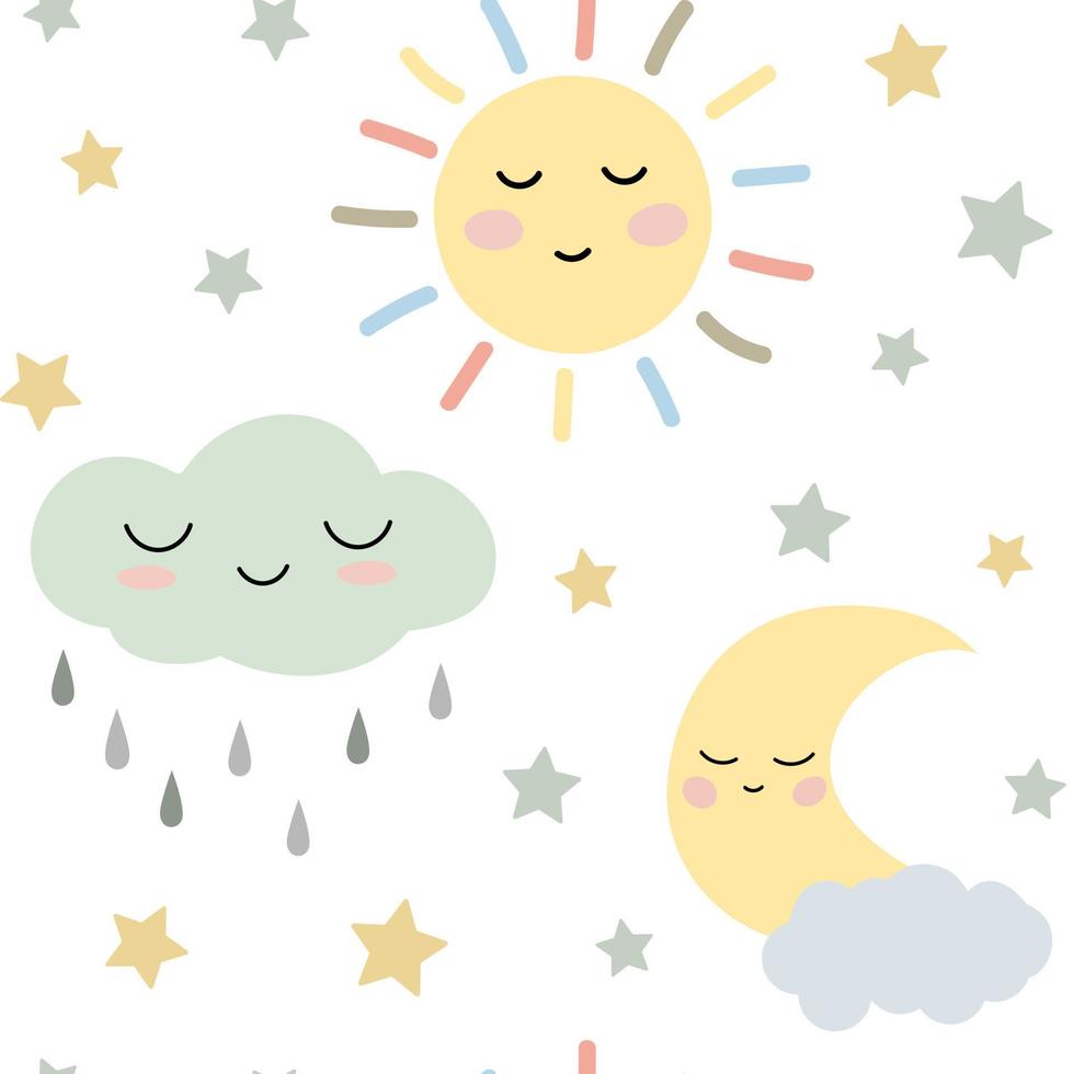 Cute boho pastel sleeping sun, moon, cloud with drops seamless pattern. Isolated on white background. Design for baby textile, wallpaper, fabric. vector