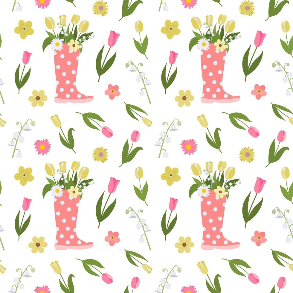 Flowers in rubber rain boots pattern. Colorful wellies seamless vector pattern design. Spring mood and easter floral arrangement, holiday celebration, web and print.