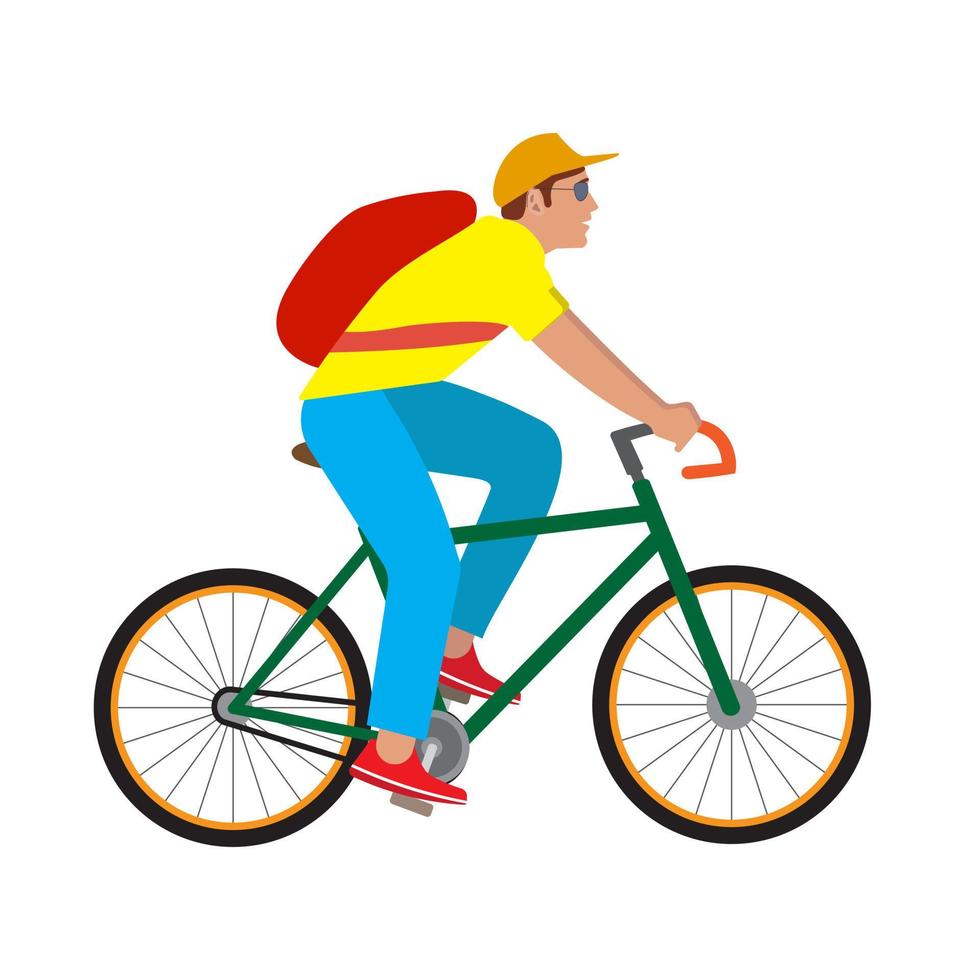 Vector side view illustration of a man on a green bike, isolated on white background. Summer sport themed image. Food delivery. Cartoon style.