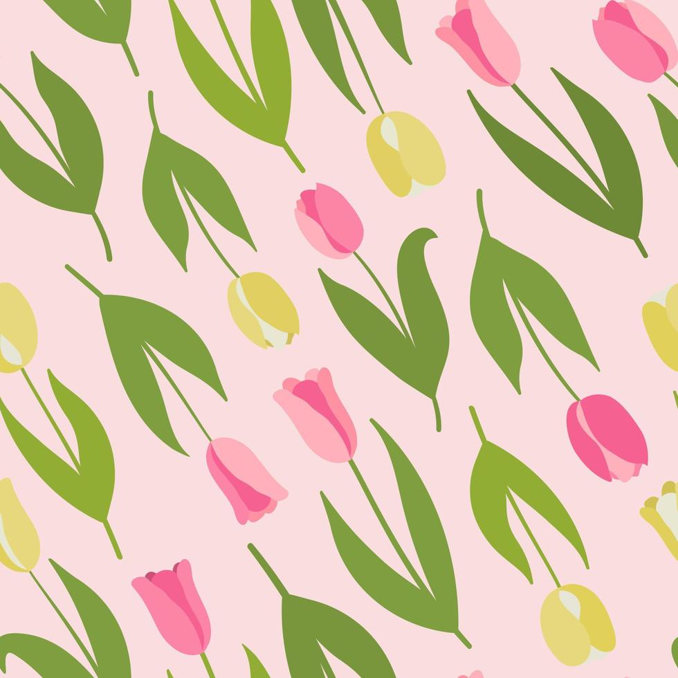 rosa primavera, tulipanes amarillos patrón sin costuras sobre fondo rosa. para invitaciones de boda, diseño, tarjeta, saludo, fondo. vector