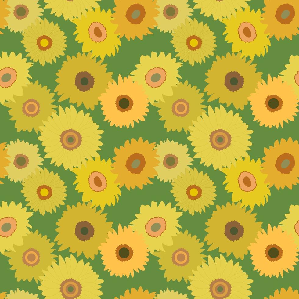 Sunflowers collection, seamless pattern on green background. Colorful backdrop with sunflowers. Great for printing, wallpaper design vector
