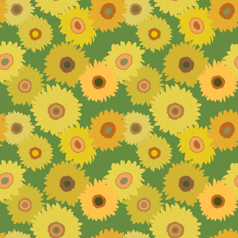 Sunflowers collection, seamless pattern on green background. Colorful backdrop with sunflowers. Great for printing, wallpaper design vector