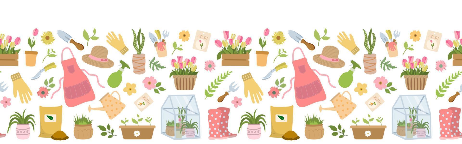 Seamless border, horizontal frame with flowers and gardening tools, garden clothes. Design for duct tape, adhesive tape, wallpaper, textile, dyeing. vector