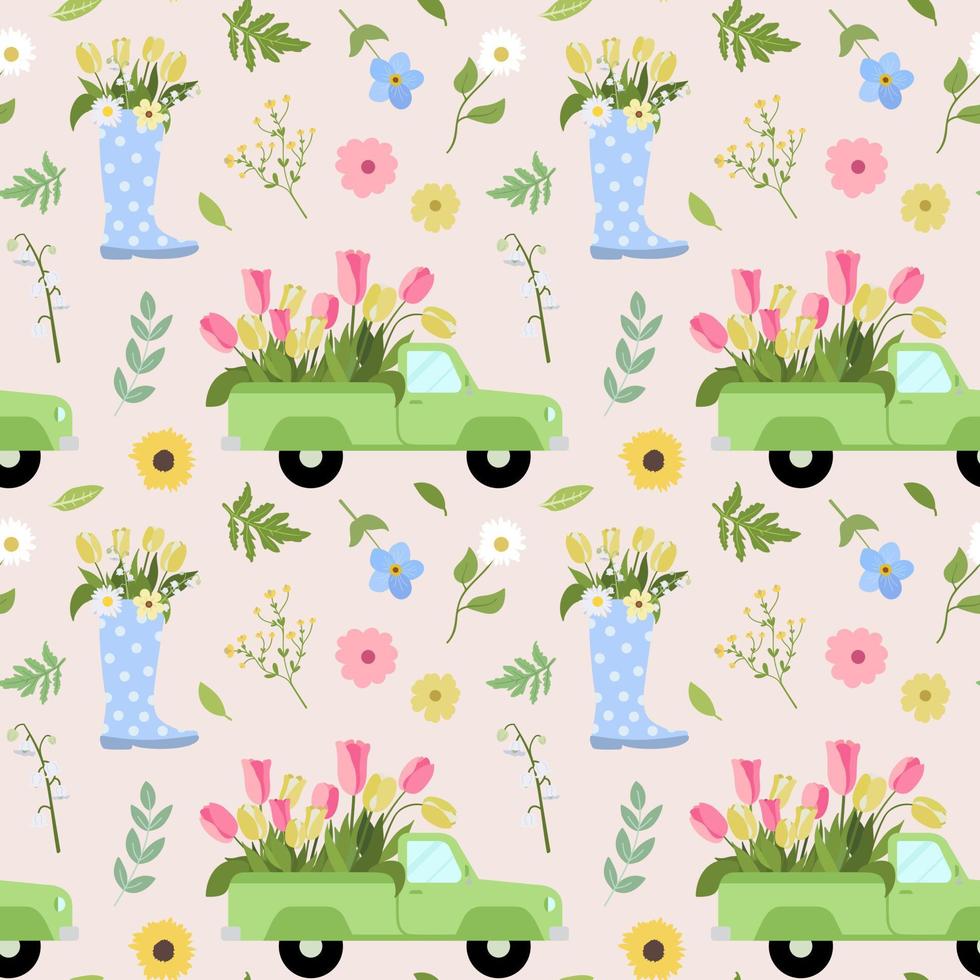 Vintage style pattern with floral pickup truck, blue boot and pretty flowers. Isolated on white background. Great for textile design, cards, wallpapers. vector