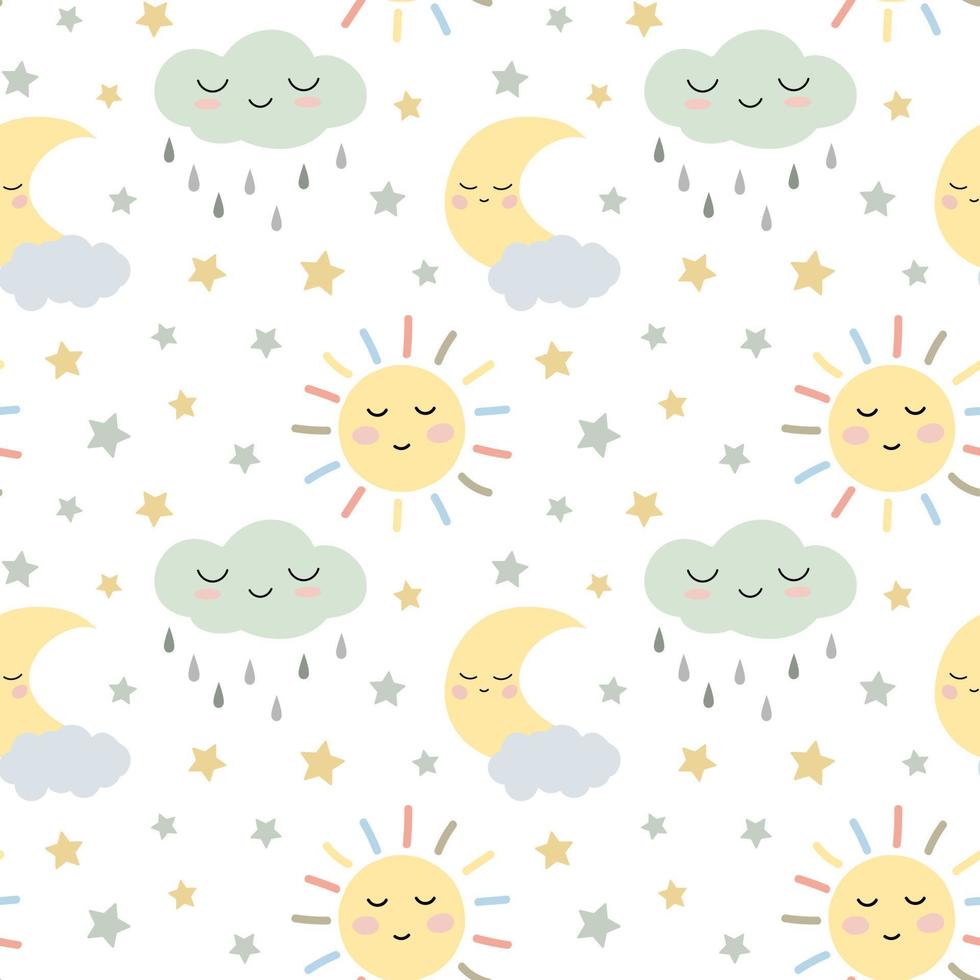 Cute boho pastel sun, moon, rainy cloud pattern. Isolated on white background. Nursery design wall art, baby textile, printable paper, fabric. vector
