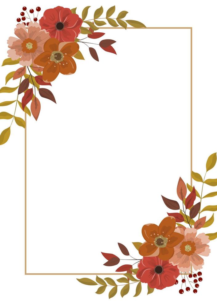 Autumn vertical frame, invitation template with flowers, leaves, and berries. Beautiful autumn border in rustic style. Wedding invite design. Isolated on white background. vector