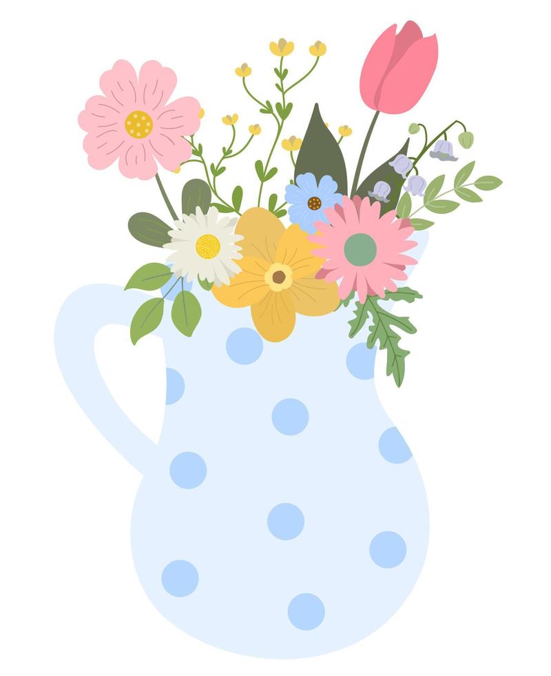 ramo de primavera en la ilustración de vector de jarrón de jarra. hermoso jardín florece en jarra de cerámica. aislado sobre fondo blanco.