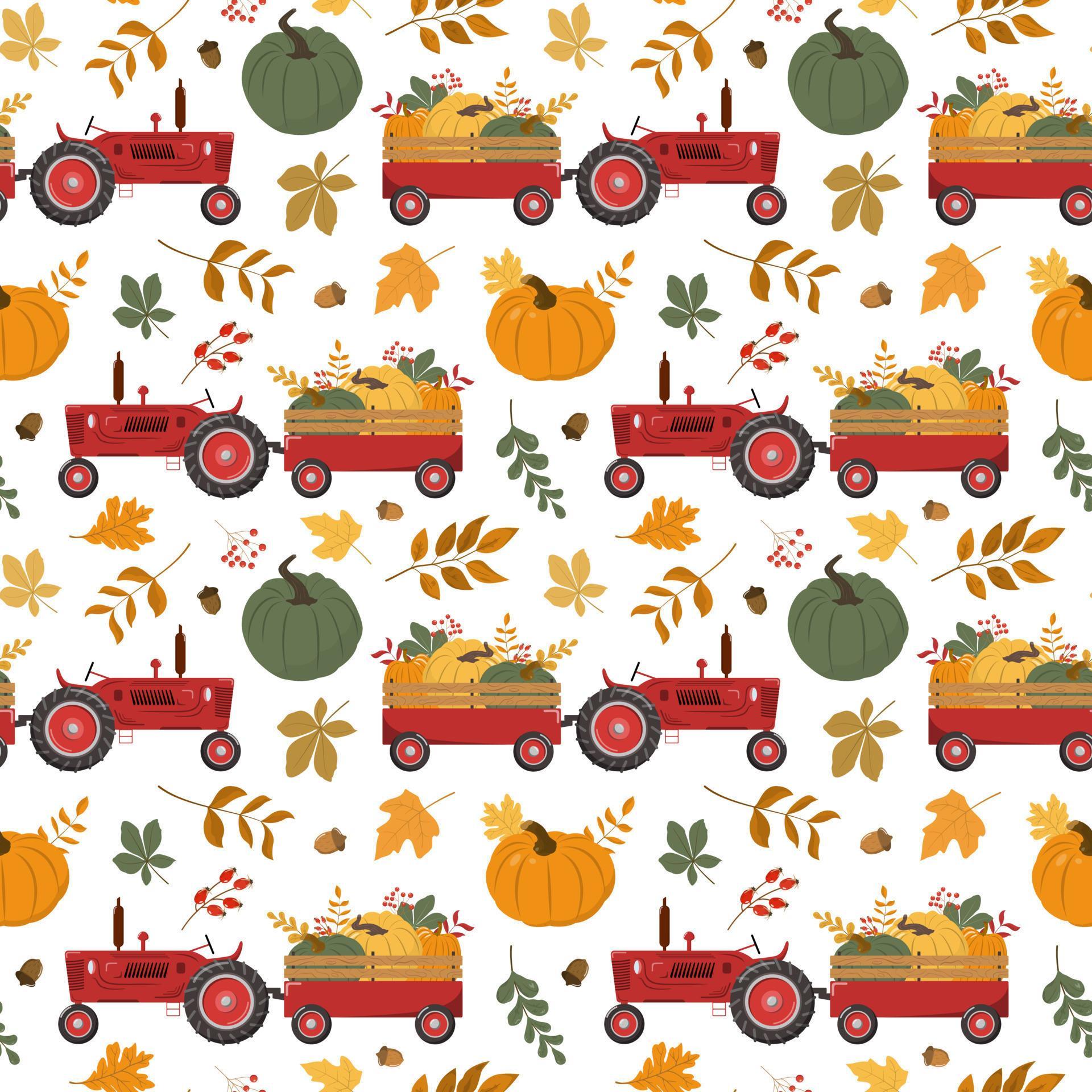 Cartoon fall red harvest tractor with a trail colorful pumpkins and