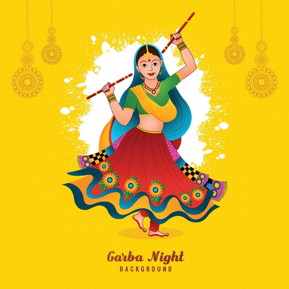 garba noche mujer jugando garba y dandiya fondo de celebración vector