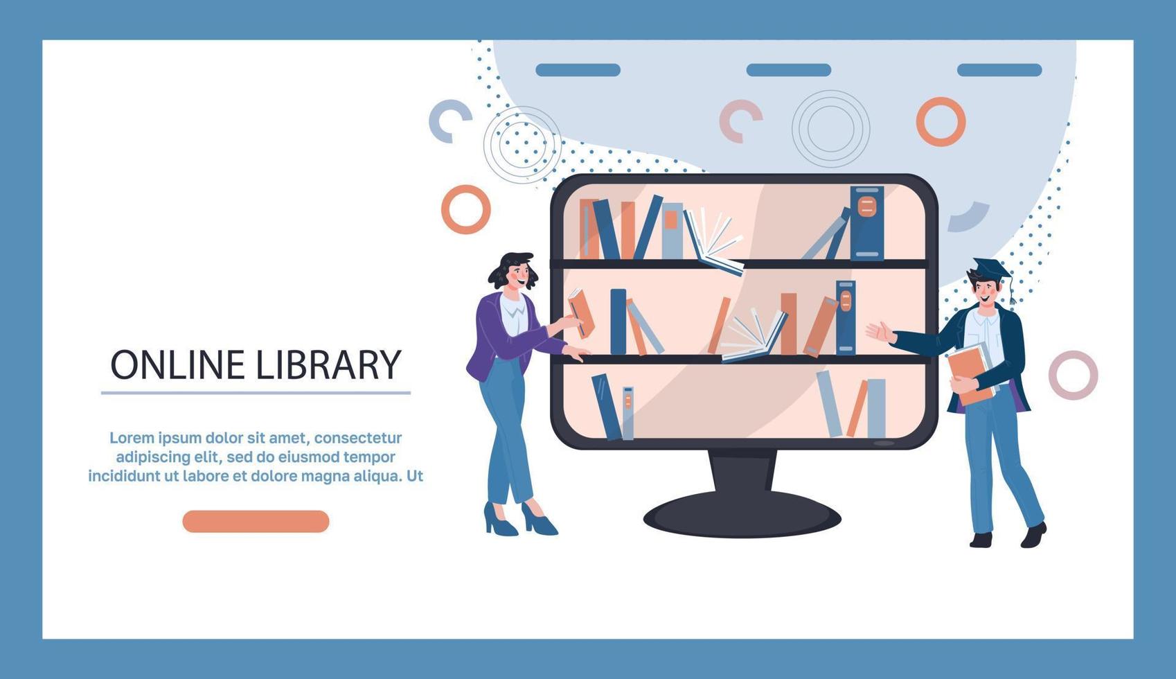 biblioteca en línea y banner web de educación a distancia o página de inicio con personas que obtienen libros de las estanterías. cursos educativos y e-learning informática tecnología de internet. ilustración vectorial plana. vector