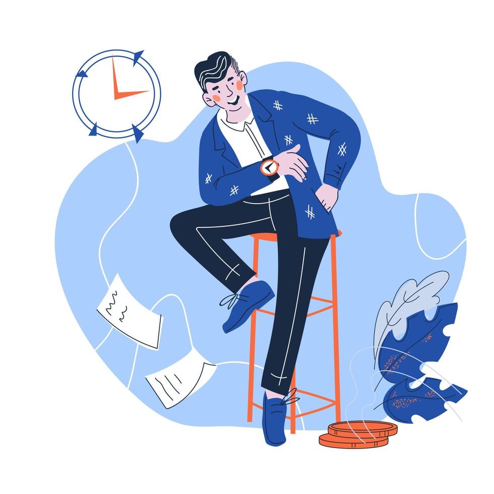 Business time management concept - businessman in suit with wristwatch on hand. Time management and organization of work, career planning with a person checks the clock. Cartoon vector illustration.