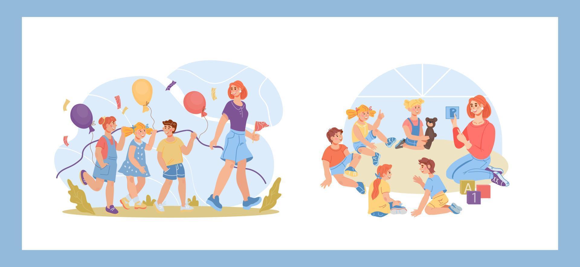 Set of kindergarten preschool scenes with children and teachers characters. Elementary school or nursery daycare center kids education and development collection. Flat vector illustration isolated.