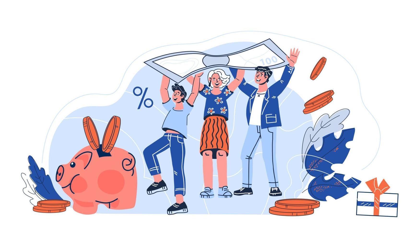 Family savings and banking financial programs concept with parents with children near piggy bank. Credit, family insurance and mortgage, personal savings. Cartoon vector illustration isolated.