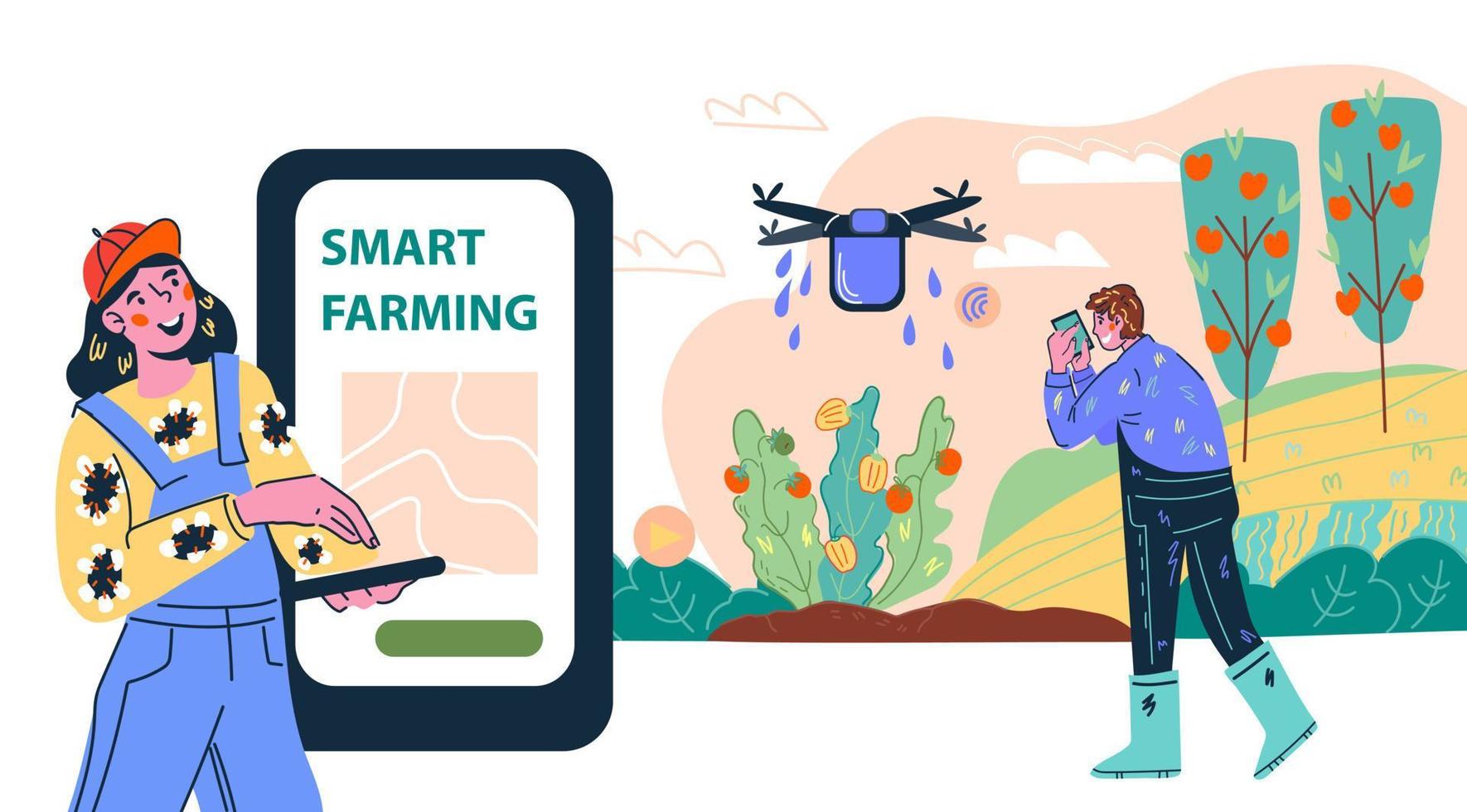 Smart farming agricultural wireless internet technology website banner template with farmer controlling drone. Distance organisation of work in farm crop production. Cartoon vector illustration.