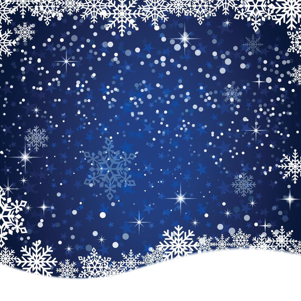 Christmas snowflake with night star light and snow fall abstract bakcground vector illustration.
