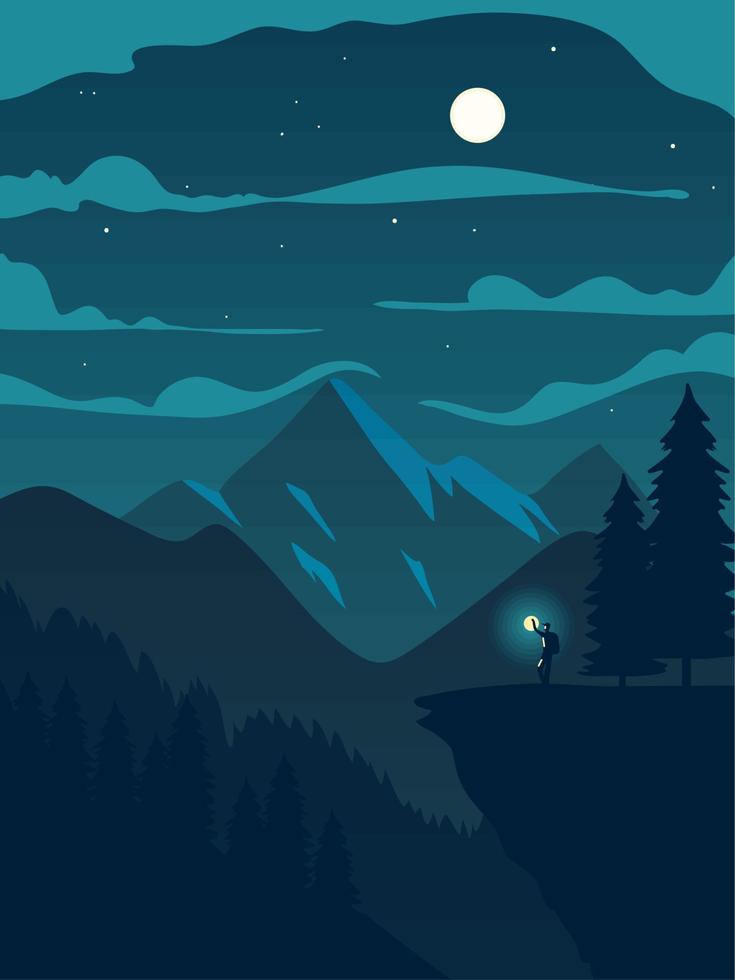 montañero en paisaje nocturno vector