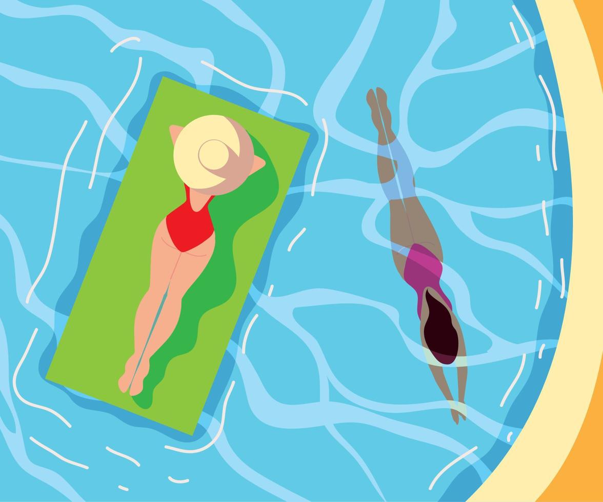 mujeres relajándose en la piscina vector