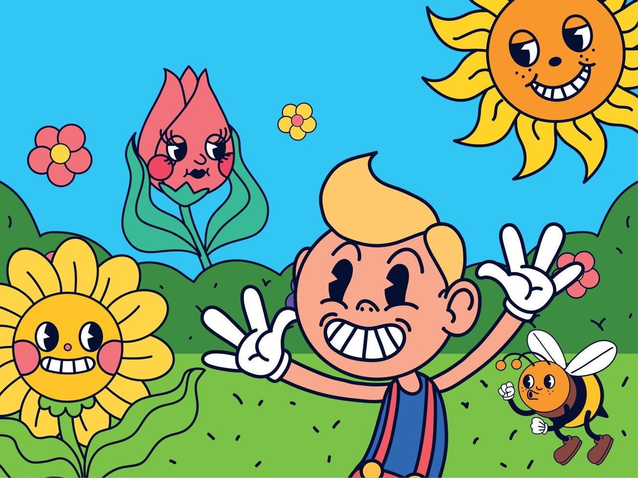 cartoon boy and flowers vector