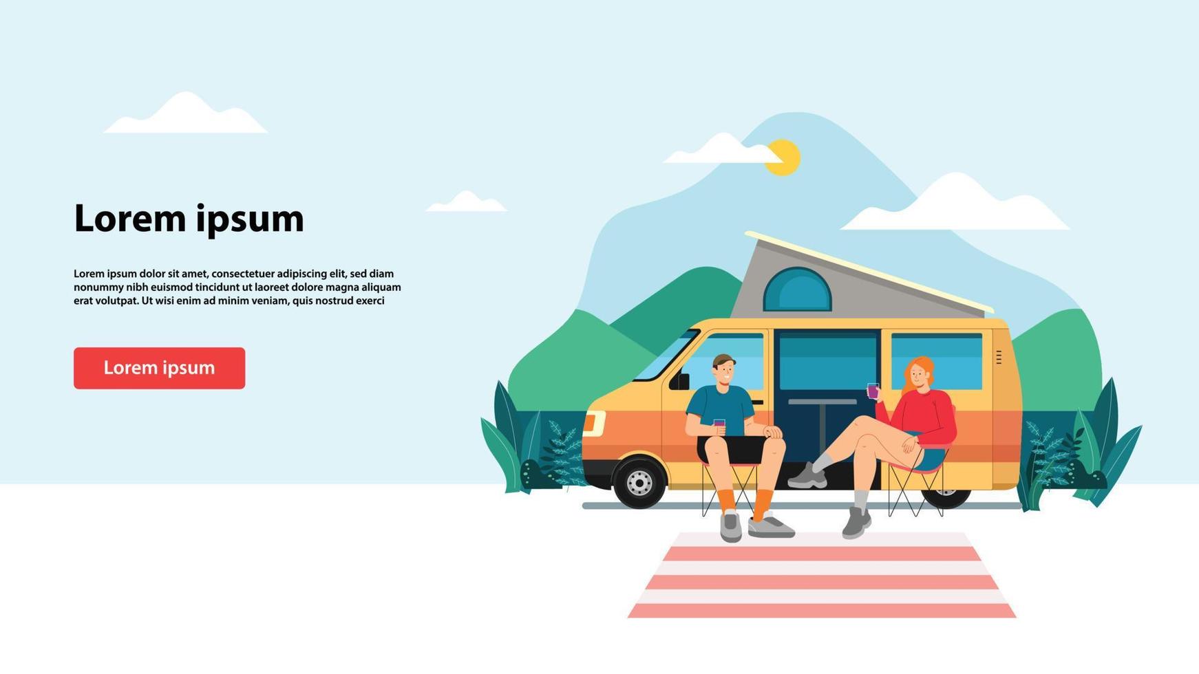 Camper Van Camping by The Lake Landing Concept vector