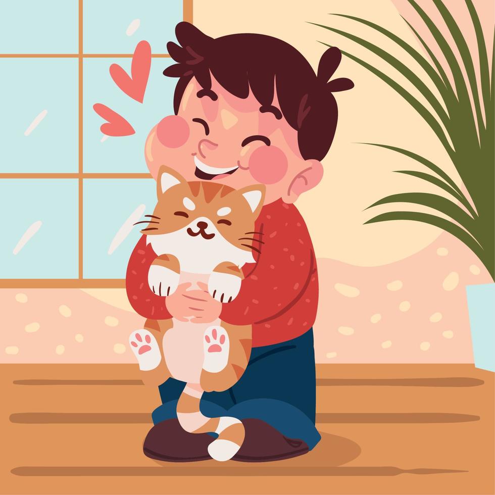 niño abraza al gato vector